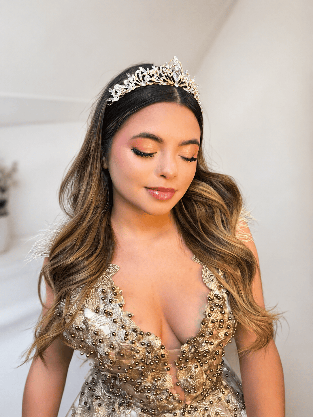 Quinceañera soft glam hair and makeup for portraits and ceremony